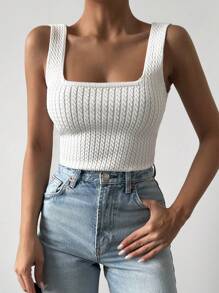 EURMUSE 素色麻花編織背心上衣 - 白色 - 查看 4