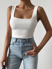 EURMUSE 素色麻花編織背心上衣 - 白色 - 查看 5