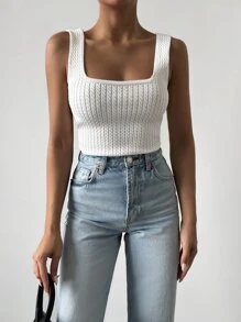 EURMUSE 素色麻花編織背心上衣 - 白色 - 查看 6