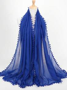 1pc Lightweight Soft Solid Color Pom Pom Scarf, Long Big Size Hijab For Women, Spring/Summer - Royal Blue - View 1