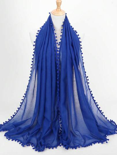 1pc Lightweight Soft Solid Color Pom Pom Scarf, Long Big Size Hijab For Women, Spring/Summer