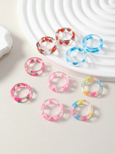10 st/set Fashion Polyresin hjärta & körsbärsmönster Ring för flickor för daglig dekoration