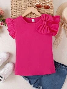Tween Girl Bow Front Ruffle Trim Tee - Hot Pink - View 3