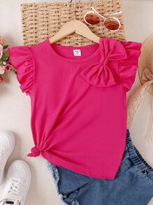Tween Girl Bow Front Ruffle Trim Tee - Hot Pink - View 7