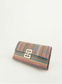 Vacation Straw Bag Striped Turn Lock Flap - Multicolor - View 2