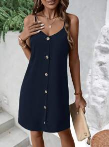 SHEIN LUNE Solid Button Front Cami Dress - Navy Blue - View 1