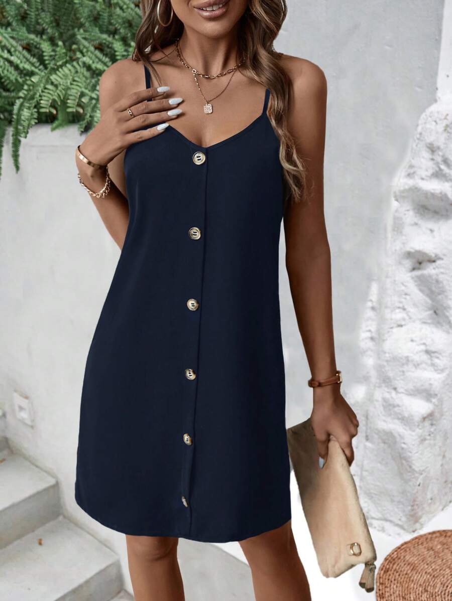SHEIN LUNE Solid Button Front Cami Dress - Navy Blue - View 1