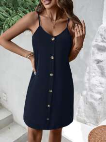 SHEIN LUNE Solid Button Front Cami Dress - Navy Blue - View 3