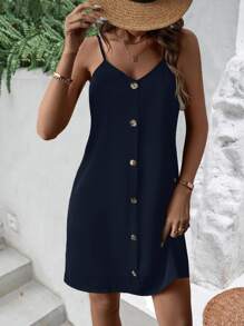 SHEIN LUNE Solid Button Front Cami Dress - Navy Blue - View 5