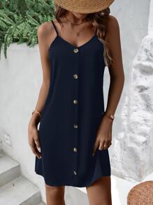 SHEIN LUNE Solid Button Front Cami Dress - Navy Blue - View 6