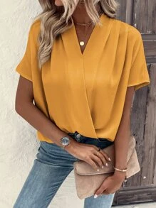SHEIN Clasi Solid Batwing Sleeve Wrap Detail Blouse - Yellow - View 1