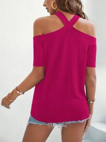 SHEIN LUNE Solid Criss Cross Cold Shoulder Tee - Hot Pink - View 2