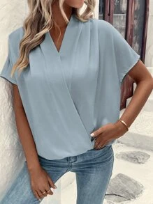 SHEIN Clasi 素色蝙蝠袖圍裹細節襯衫 - 霧霾藍 - 查看 3