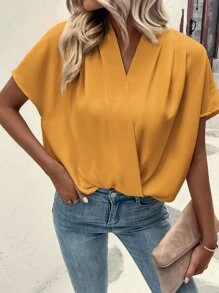 SHEIN Clasi Solid Batwing Sleeve Wrap Detail Blouse - Yellow - View 3