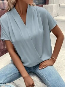 SHEIN Clasi 素色蝙蝠袖圍裹細節襯衫 - 霧霾藍 - 查看 4