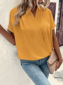 SHEIN Clasi Solid Batwing Sleeve Wrap Detail Blouse - Yellow - View 6
