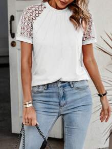 SHEIN LUNE Contrast Lace Raglan Sleeve Tee - White - View 1