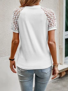 SHEIN LUNE Contrast Lace Raglan Sleeve Tee - White - View 2