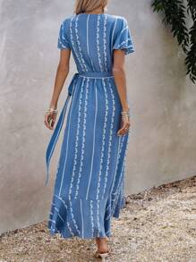 SHEIN VCAY Striped Print Ruffle Trim Wrap Knot Side Dress - Blue - View 2