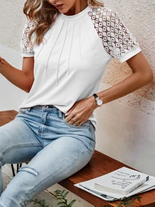 SHEIN LUNE Contrast Lace Raglan Sleeve Tee - White - View 4