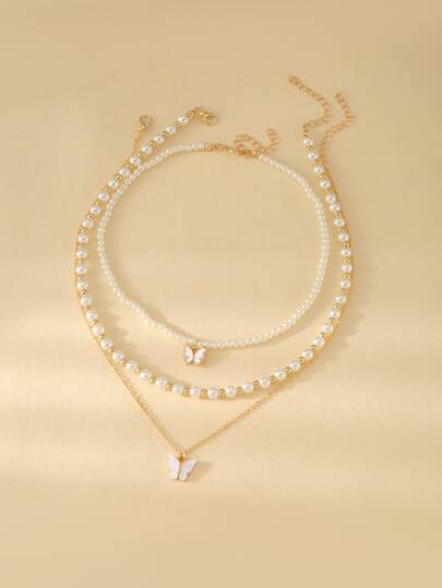 3pcs/Set Girls' Butterfly & Pearl Beaded Necklace, Suitable For Daily Decoration