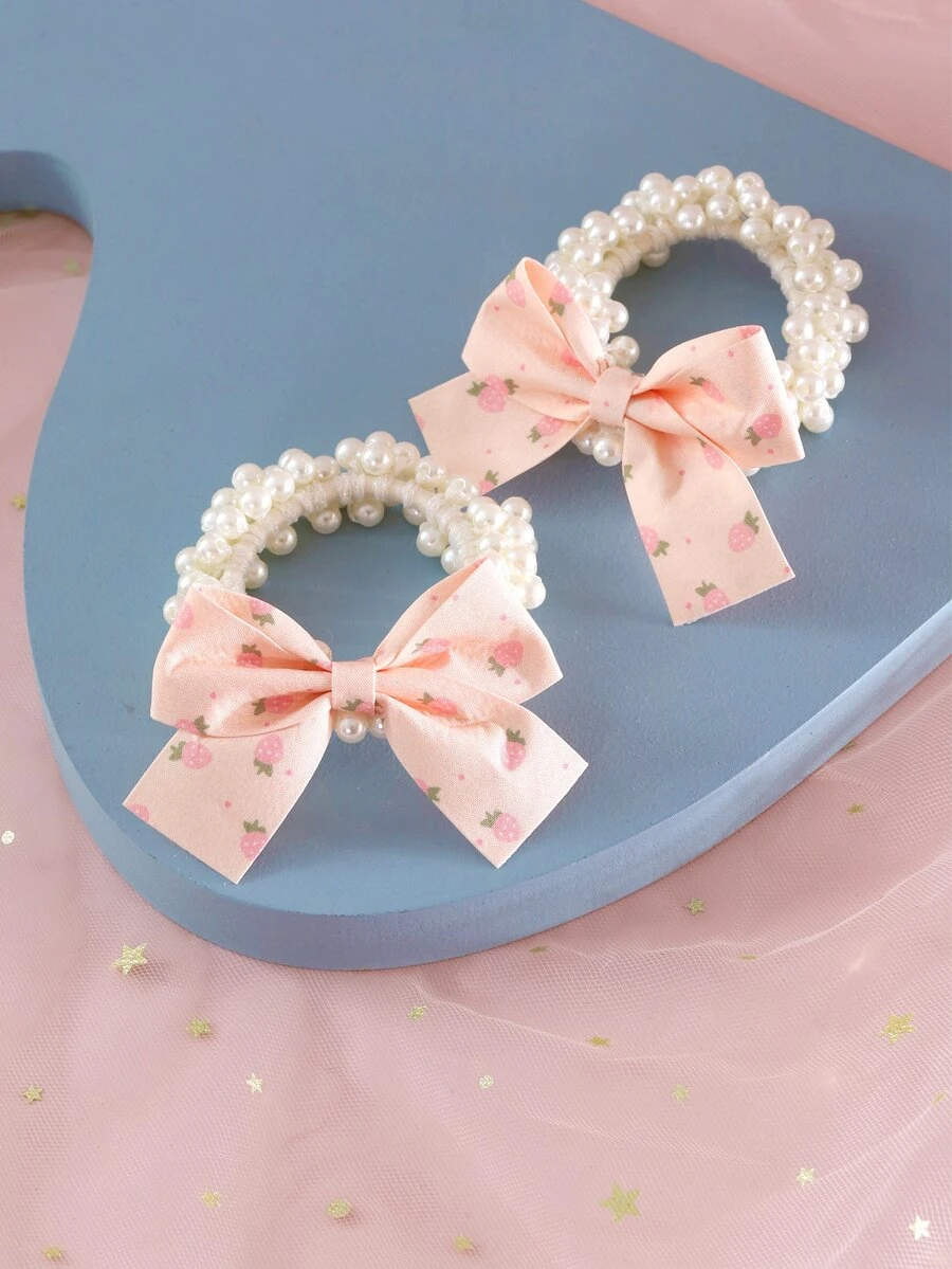 2入組小女童人造珍珠和蝴蝶結裝飾時尚髮圈適用於頭髮裝飾用品