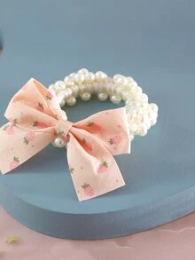 2入組小女童人造珍珠和蝴蝶結裝飾時尚髮圈適用於頭髮裝飾用品