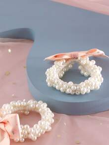 2入組小女童人造珍珠和蝴蝶結裝飾時尚髮圈適用於頭髮裝飾用品