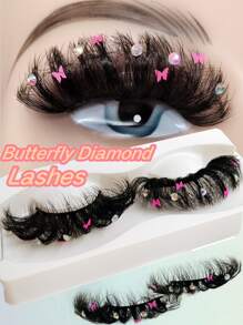 Asiteo 25 毫米水钻蝴蝶闪光装饰浓密假睫毛，适合派对和舞会 - 黑色 - 查看 1