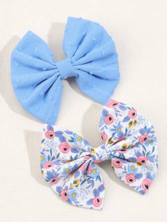 2入組小女童花卉圖案蝴蝶結裝飾時尚鴨嘴夾適用於頭髮裝飾用品