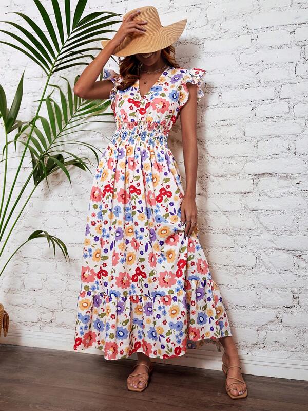 EURMUSE Allover Floral Print Shirred Waist Ruffle Trim Dress