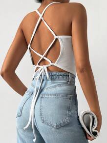 EURMUSE Lace Up Backless Cami Top - White - View 1