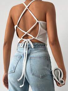 EURMUSE Lace Up Backless Cami Top - White - View 6