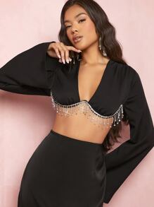 SHEIN BAE Rhinestone Fringe Trim Crop Top - Black - View 1