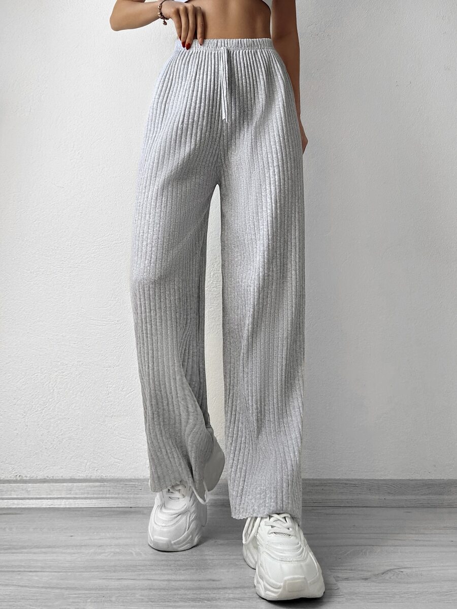 Cottnline Solid Elastic Waist Straight Leg Trousers - Light Grey - View 1