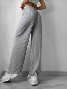 Cottnline Solid Elastic Waist Straight Leg Trousers - Light Grey - View 2