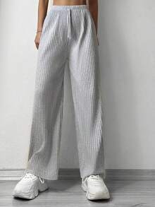 Cottnline Solid Elastic Waist Straight Leg Trousers - Light Grey - View 3
