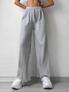 Cottnline Solid Elastic Waist Straight Leg Trousers - Light Grey - View 5