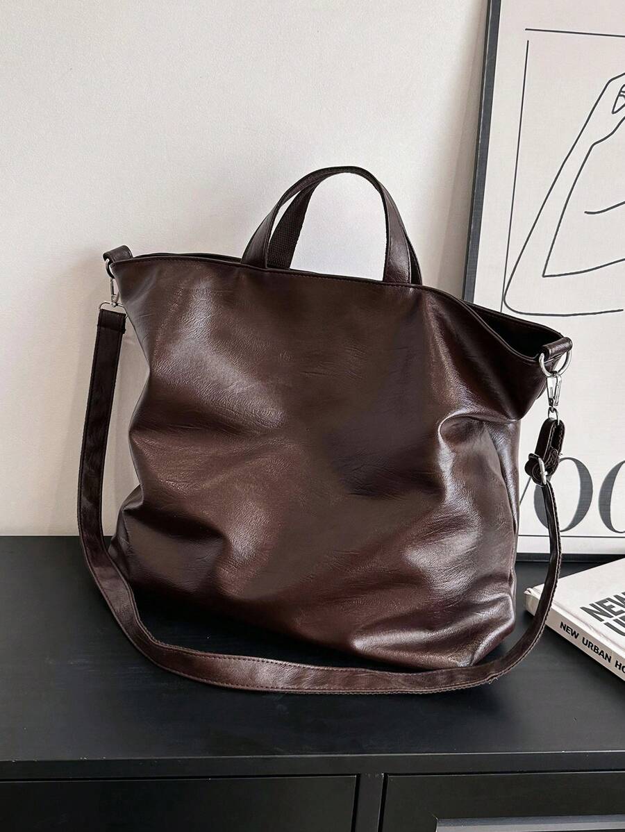 Large Shoulder Tote Bag Brown Adjustable-strap Zipper PU - Coffee Brown - View 1