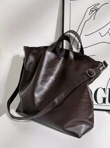 Large Shoulder Tote Bag Brown Adjustable-strap Zipper PU - Coffee Brown - View 2