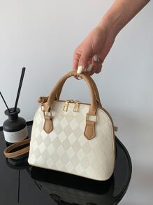 Bolso pequeño de cúpula con detalles de letras, patrón geométrico y cierre de cremallera de PU - Multicolor - Ver 1