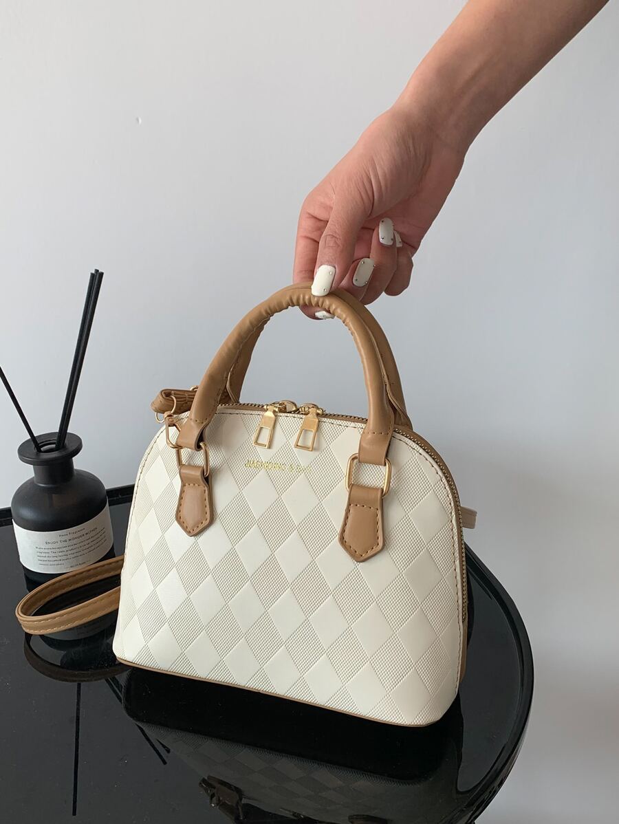 Bolso pequeño de cúpula con detalles de letras, patrón geométrico y cierre de cremallera de PU - Multicolor - Ver 1