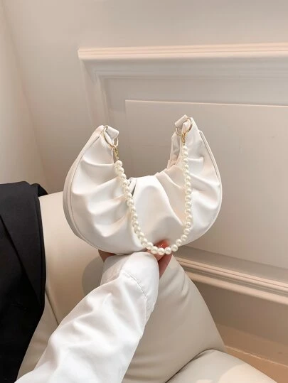 Plain Pearl Chain Shoulder Bag For Women With Wrinkled Cloud Shape Handbags