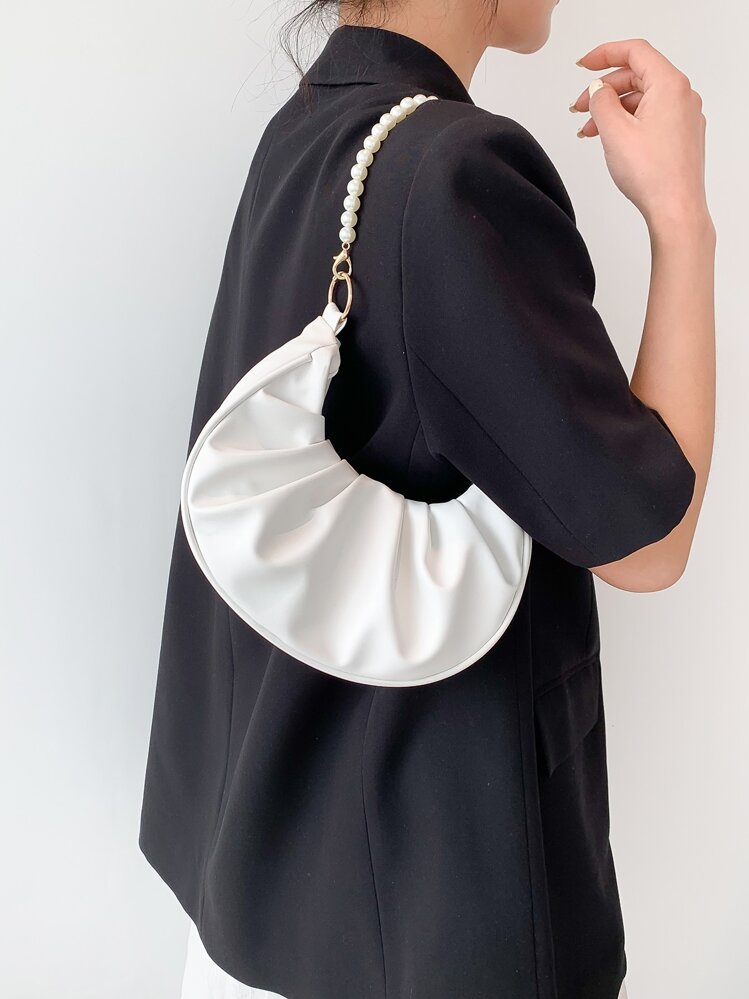 Plain Faux Pearl Chain Shoulder Bag For Women With Wrinkled Cloud Shape Handbags, Faux Pearl Bag - White - View 7