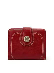 三折小钱包复古荔枝压花拉链 PU 便携钱现金白领女性大学生工作商务通勤办公室周年纪念情侣生日礼物情人节礼物 - 酒紅色 - 查看 2