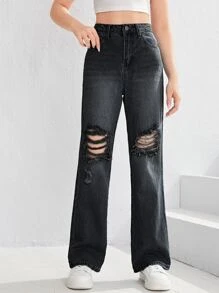 SHEIN Teen Girls Ripped Straight Leg Jeans - Black - View 1