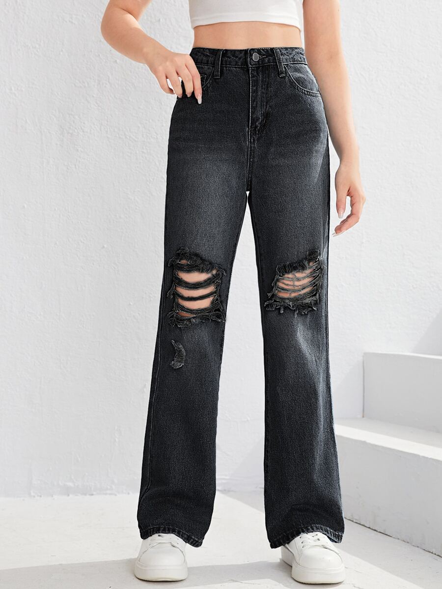 SHEIN Teen Girls Ripped Straight Leg Jeans - Black - View 1