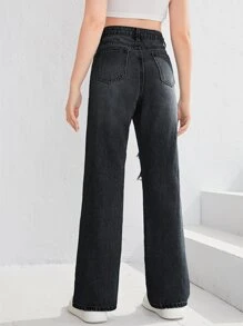 SHEIN Teen Girls Ripped Straight Leg Jeans - Black - View 2