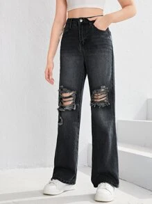 SHEIN Teen Girls Ripped Straight Leg Jeans - Black - View 3