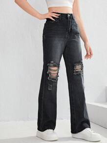 SHEIN Teen Girls Ripped Straight Leg Jeans - Black - View 4